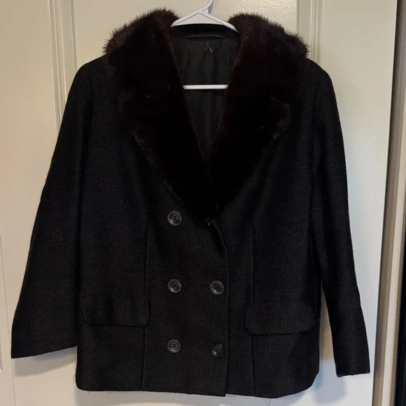 Vintage Black Pea Coat with Faux Fur Collar - Picture 2 of 10